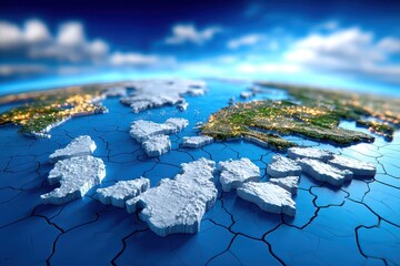 A global representation of environmental challenges, depicting melting ice caps and cracks on the Earth's surface, symbolizing climate change impact and fragility.