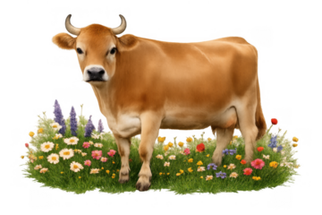 Brown cow standing in a green meadow with wildflowers, transparent background for easy use and composition