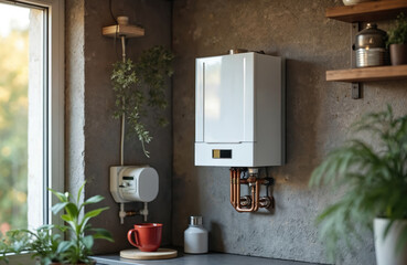Modern gas boiler fixed on wall inside kitchen. Copper pipes connect unit to plumbing system. Heating appliance needs regular upkeep and checkups for safe function.