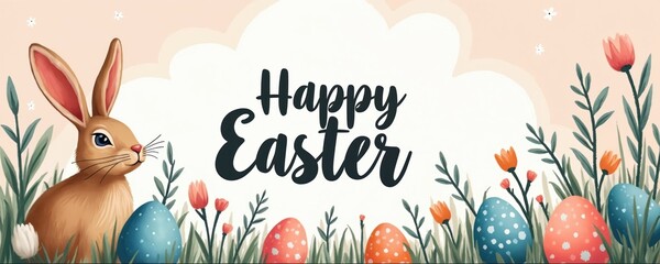 Cute brown bunny sits in tall grass near pastel easter eggs and blooming flowers. Happy Easter text and soft clouds suggest a festive spring greeting for celebrations.