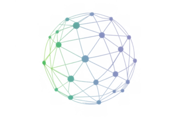 Connected global network structure forming a digital sphere. Abstract technology concept with glowing nodes and lines on transparent background