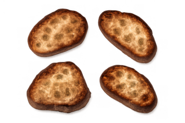 Toasted baguette slices with golden brown crust, crunchy texture, preparing appetizers and bruschetta bases on transparent background