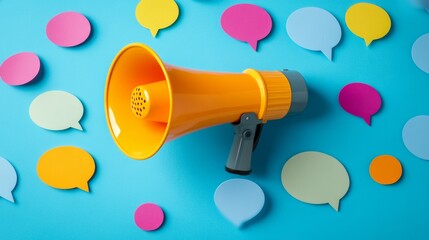 Yellow megaphone surrounded colorful paper speech bubbles on blue background, communication, marketing, public relations, creativity, social media engagement spreading information concept illustration