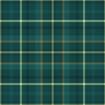 Green plaid seamless pattern. Repeated gold check ekose. Repeating checker fabric for design prints plaid. Checks square line. Tartan repeat textile. Vichi cloth. Scottish flannel. Vector illustration