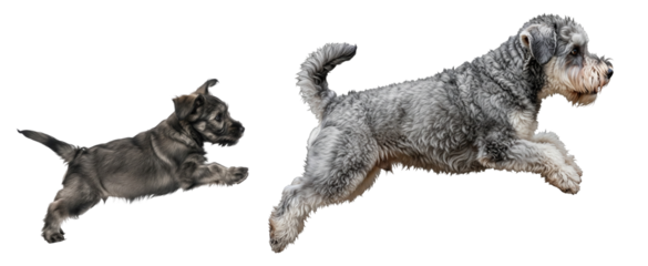 Schnoodle adults and puppies play and explore in various activities at home or outdoors during a sunny day