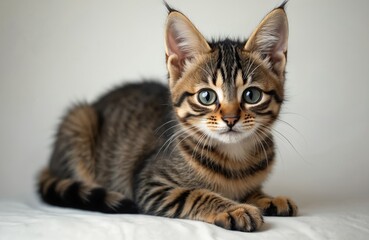 Obraz premium Small wild cat with spotted fur and large ears lies on white surface. This feline has big green eyes, dark stripes, and fluffy tail. Cat looks directly at camera.