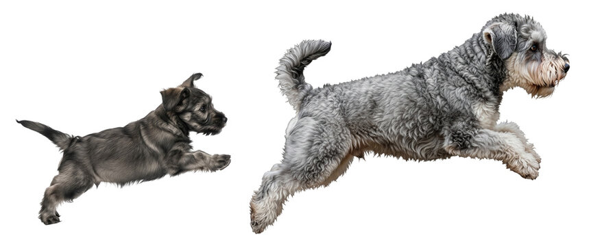 Schnoodle adults and puppies play and explore in various activities at home or outdoors during a sunny day