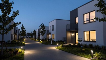 Serene Residential Pathway Dusk with Warm Lighting
