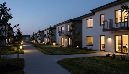 Twilight Glowing Modern Residential Community