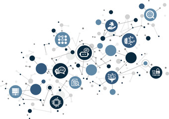 Chatbot / artificial intelligence vector illustration. Concept with icons related to generative AI model, interactive AI bot assistance & conversation, ChatGPT.