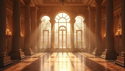 Grand hall with tall columns and large arched windows. Sunlight streams through glass doors illuminating wooden floor. Ornate chandeliers hang from ceiling. Elegant interior space for events.