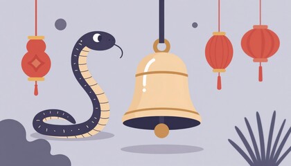 Festive Cartoon Snake with Lanterns and Bell Soft Pastel Scene