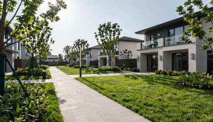 Sunny Neighborhood Scene with Modern Homes and Green Pathway