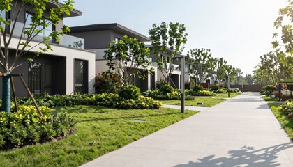 Sunny Modern Residential Neighborhood with Green Lawns and Trees