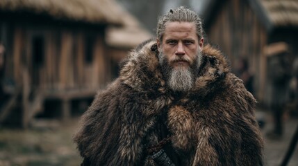 Viking warrior looking at the camera in his village