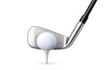 Golf club iron preparing to hit golf ball on tee, sports equipment ready for tee shot impact on transparent background