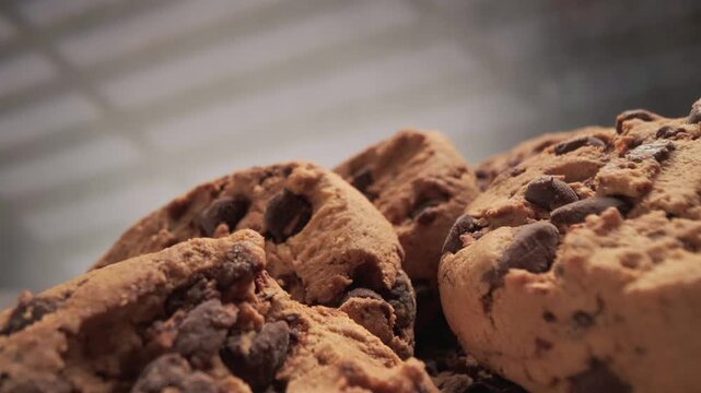 Oatmeal chocolate chip cookies close up with slow moving camera
