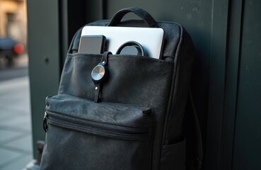Black textile backpack holds laptop phone power bank and headphones. Modern student baggage ready for travel or school. Gadgets for urban lifestyle work or study.