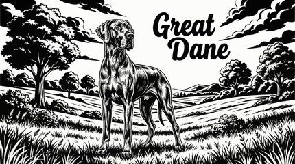 Great Dane stands tall in an open field, black and white photography highlighting scale, elegance, muscular lines, and calm dominance © Ethan