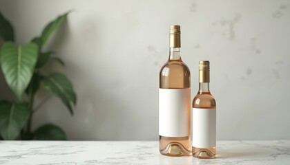 Two wine bottles of different sizes stand on marble surface. White labels on bottles await brand design. Green plant adds natural touch to still life scene.
