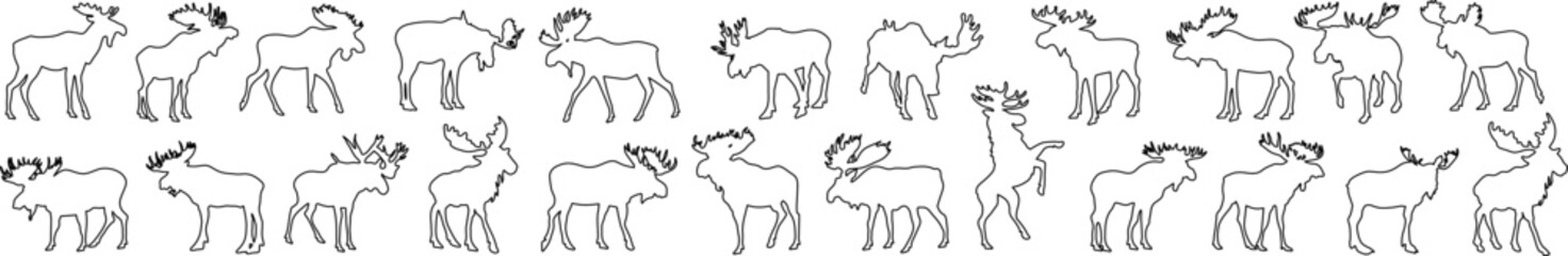 Large collection of moose and elk silhouettes in various dynamic poses. Minimalist line art vector set featuring walking, running, and standing positions.