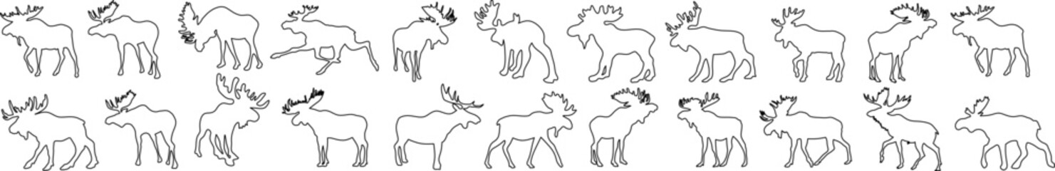 Large collection of moose silhouettes in various poses including walking, running, and grazing. Minimalist line art vector set isolated on white background.