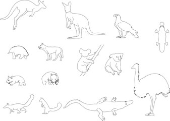 Line art vector illustration of Australian animals including kangaroo, koala, platypus, emu, and crocodile on a white background.