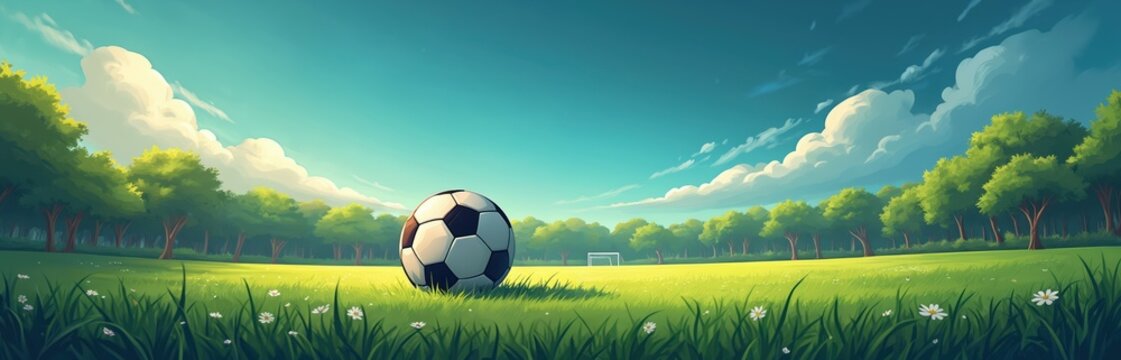 Soccer ball rests on vibrant green grass field under blue sky with fluffy clouds. Trees border field, goalposts visible in distance. Peaceful nature scene