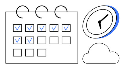 Time management, scheduling, productivity, organization, task tracking, cloud storage. A calendar with checkmarks, a clock and a cloud icon. Time management and scheduling concept