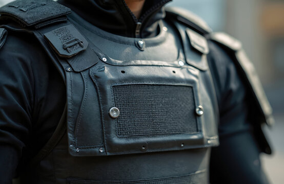 Close-up of person wearing black ballistic vest. Protective body armor features leather panels and durable fabric inserts for safety. Tactical gear offers security against impacts.