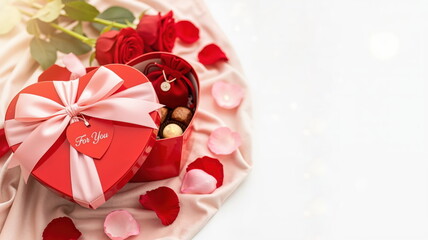Red heart shaped gift box with pink ribbon and roses. Valentine's Day background with chocolates and jewelry. Romantic flat lay with copy space
