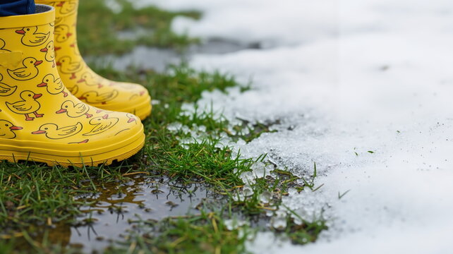 Yellow rubber boots with duck pattern standing in wet grass near melting snow. Spring thaw concept with copy space