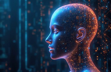 Digital human head profile illuminated with neon blue and orange lights. Futuristic AI concept. Data streams and circuits form its body. Tech future.