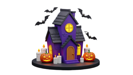 3D Halloween Haunted House Scene with Bats and Pumpkins