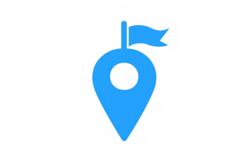 Blue location pin icon with a flag, marking a travel destination, navigation point, or specific address on a map