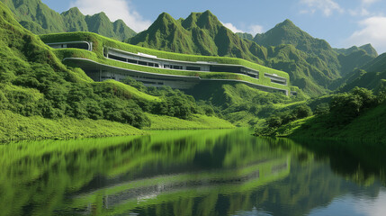 Futuristic eco building blends into lush green mountainside, reflected in calm lake under bright blue sky.