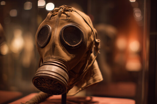 Gas mask on display in a museum showcasing World War II artifacts and history from the era