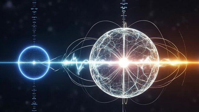 Conceptual visualization of a sphere with radiating energy, representing science and technology.
