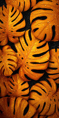 Vibrant orange monstera leaves with water droplets arranged over a dark textured background in a tropical pattern.