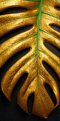 Close-up of a tropical monstera leaf painted in metallic gold with green veins, set against a black textured surface