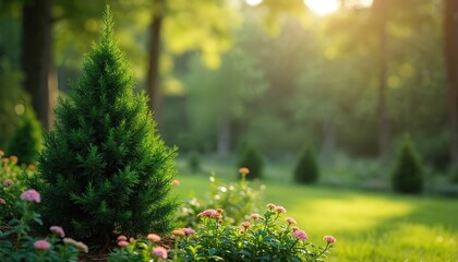 Conifer tree stands in a garden with pink flowers and soft sunlit bokeh background. Evergreen shrub is part of landscape design, lush green lawn, summer park.