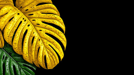 Tropical yellow and green monstera leaves with water droplets on black background, vibrant botanical illustration.