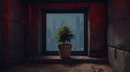 A potted plant sits on a gritty windowsill with a view of a futuristic sci-fi city skyline glowing through the night.