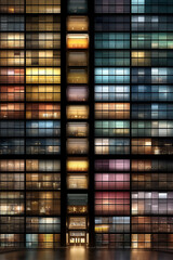 Colorful high-rise building facade at night with illuminated windows and reflections creating a vibrant urban scene.