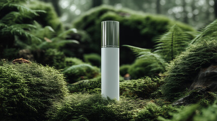 Luxury cosmetic bottle standing on lush green moss in a serene forest, promoting nature-inspired skincare and wellness.