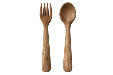 Wooden fork and spoon presenting a sustainable and eco-friendly dining concept. Natural cooking utensil with transparent background