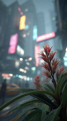 Close-up of a tropical plant with red flowers in a rainy, neon-lit futuristic city with blurred buildings and lights in the background.