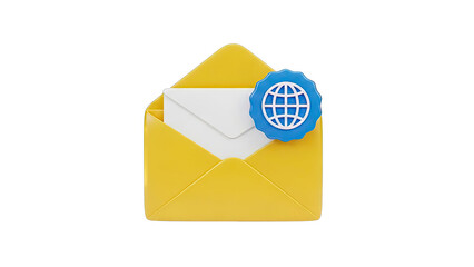 3D Icon of an open yellow envelope with a white letter and a blue globe badge