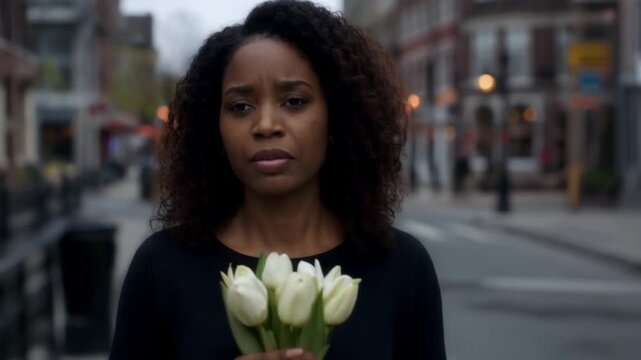 Sad African American woman holding white tulips on a city street. Unhappy female with flowers mourning a loss or feeling regret. Grief and apology concept