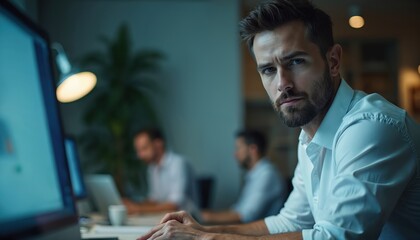 Man in white shirt works on computer screen in office. Colleagues in background use laptops. Focused employee examines data on monitor. Professional man works late at night.